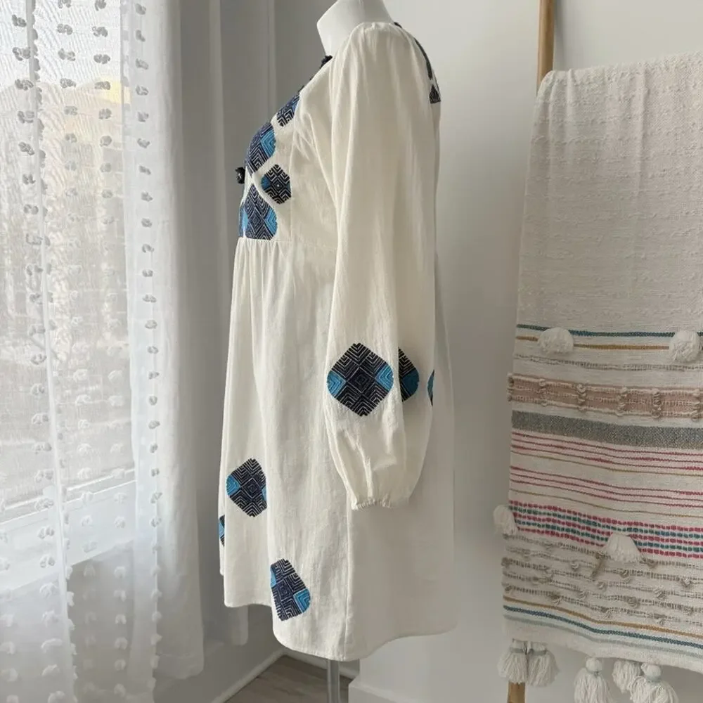 Figue Lucie White Blue Embroidered Pom Pom Long Balloon Sleeves Boho Mini Dress - Picture 6 of 13